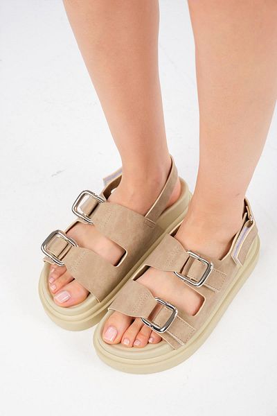 Mio Gusto Misha Beige Color Double Buckle Women's Sandals