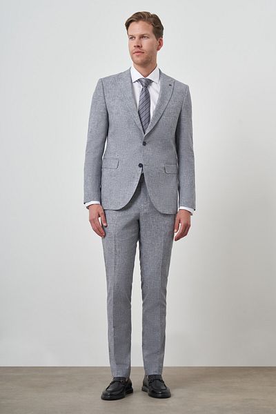 Morven Men's Blue Tend Linen Slim Fit Pointed Collar Suit