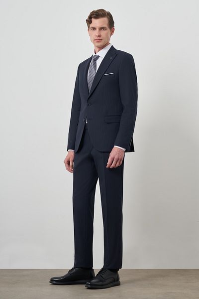 Morven Men's Navy Blue Polyviscose Striped Slim Fit Pointed Collar Suit