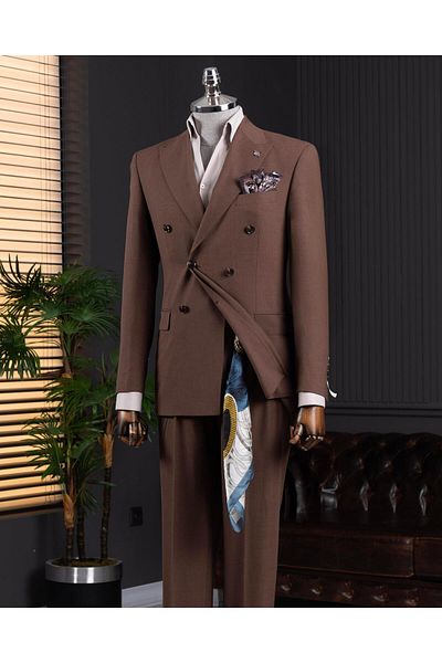 TerziAdemAltun Italian Style Double Breasted Jacket Pants Suit Brown T14114
