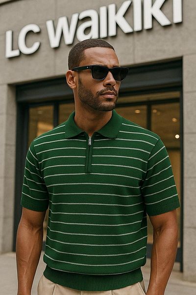 LC Waikiki Striped Polo Collar Zippered Breathable Short Sleeve Men's Summer Knitwear T-Shirt