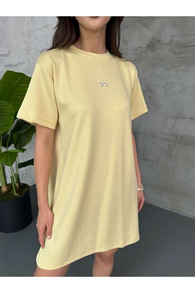 Elif Özbey Butik Yellow Short Sleeve Print Detail Modal Dress