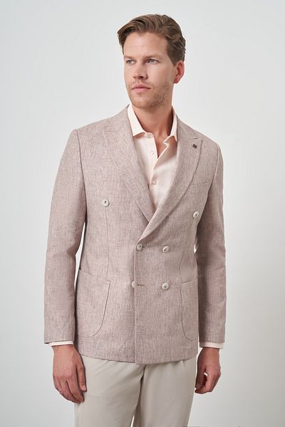 Morven Men's Tile Linen Double Breasted Patterned Slim Fit Pointed Collar Jacket