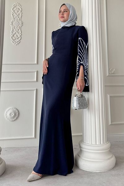 InStyle Βραδινό φόρεμα με λεπτομέρεια με κομμένο μανίκι με πέτρες Navy Blue
