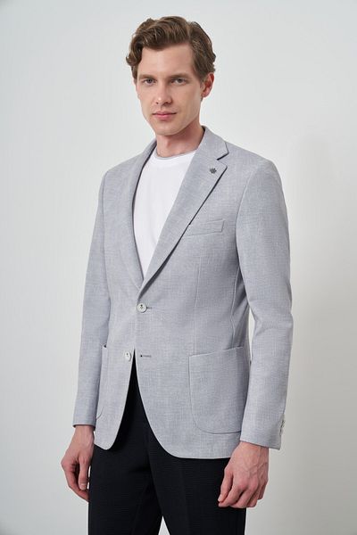 Morven Men's Gray Knitted Patterned Slim Fit Mono Collar Jacket