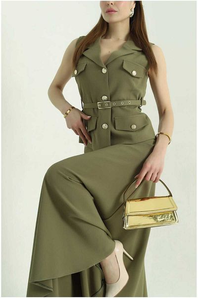 MYGİYİMİSTANBUL Buttoned Vest and Pleated Long Skirt Suit