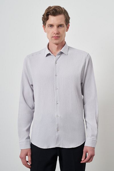 Morven Men's Stone Seersucker Trend Patterned Dynamic Fit Italian Collar Shirt