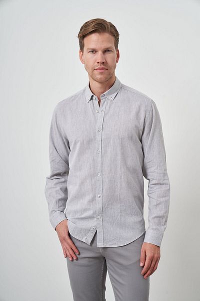 Morven Men's Gray Linen Trend Dynamic Fit Button Collar Shirt