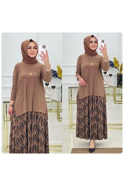 NİSUM MODA Leaf Pattern Sandy Skirt Suit