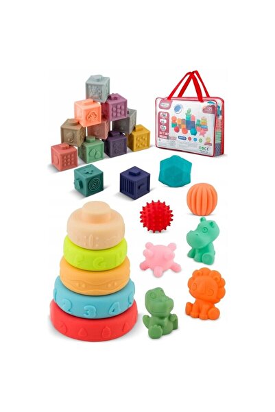indiggo Set 24 Sensory Blocks for Babies, Soft Rubber, Various Shapes, Versatile, Safe for Biting, 10+ Month
