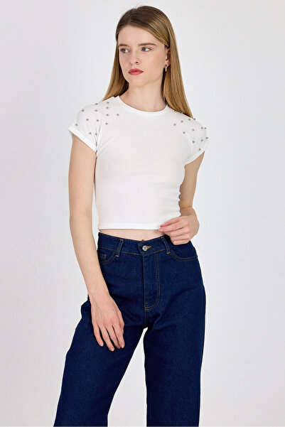 Rays Tricou crop slim cu mărgele alb pe umeri 9208M