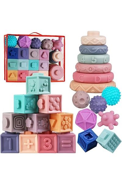 indiggo Set Cuburi Senzoriale pentru Bebelusi, din Cauciuc Moale, Contine 24 Piese, Diferite Forme, Pentru S