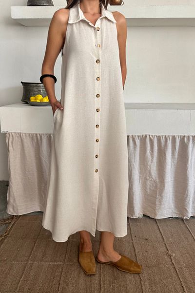 modaserdem Linen Front Buttoned Sleeveless Shirt Collar Dress - White