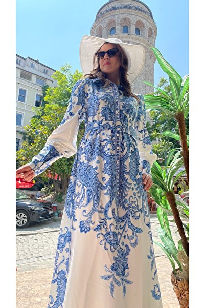 Jennyfer Women's Atlas Fabric Floral Print Detailed Belted Long Designer Dress