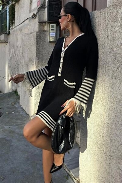 velmorafashion Πλεκτό Φόρεμα με μανίκια με φούντες και κουμπιά 2849