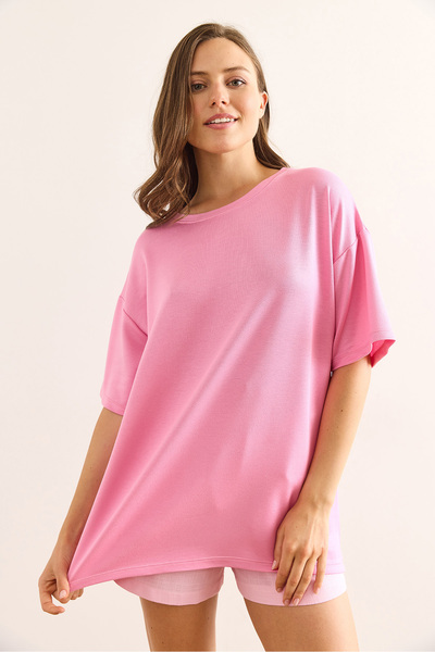 Olalook Women's Pink Crew Neck Oversize Soft Textured T-Shirt Tsh-19000865