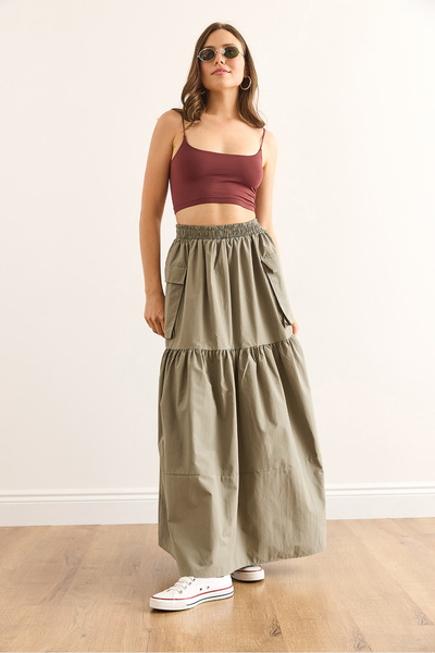 Olalook Women's Khaki Elastic Waist Pocket Maxi Parachute Skirt Etk-19000333