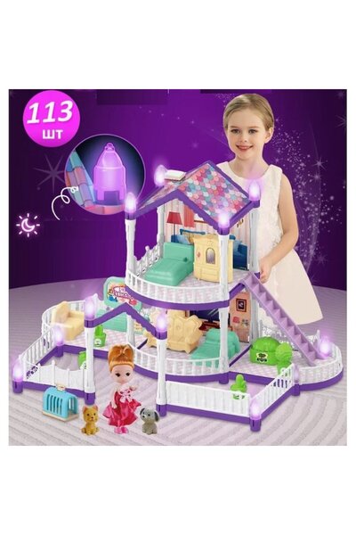 Smart Vibe Dollhouse with Lights KinderVibe™ Mini Doll, Puppy and Kitty, Two Bedrooms, Terrace, Yard, Ladder,