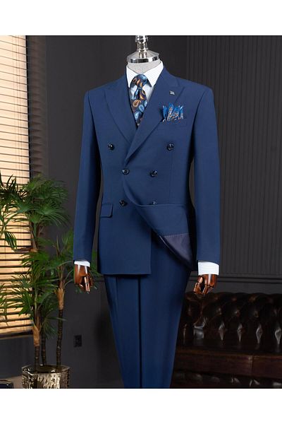 TerziAdemAltun Italian Style Double-Breasted Jacket Pants Suit Navy Blue T14117
