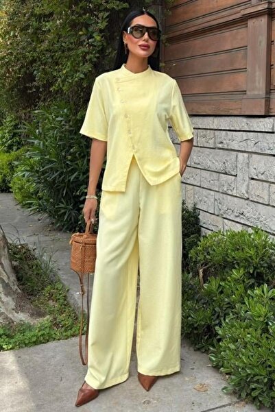 Gökyüzü Moda بدلة بلافوز من الكتان والفيسكوز ذات ياقة متقاطعة وأزرار متقاطعة ...
