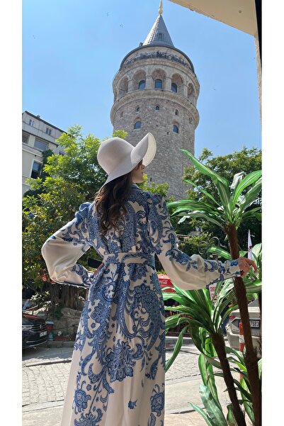 Jennyfer Women's Atlas Fabric Floral Print Detailed Belted Long Designer Dress