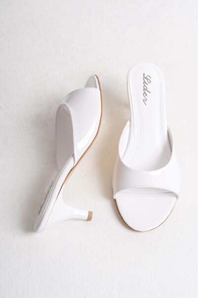 LDR Women's White Patent Leather Open Toe Heeled Slippers