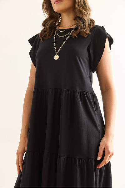 Olalook Kadın Siyah Kolu Fırfırlı Parçalı Midi Pamuk Elbise ELB-19002445