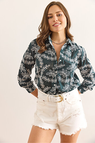 Olalook Women's Emerald Green Geometric Fisto Detailed Shirt Gml-19001324