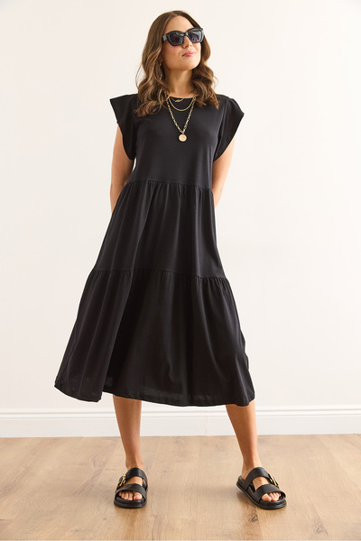 Olalook Kadın Siyah Kolu Fırfırlı Parçalı Midi Pamuk Elbise ELB-19002445