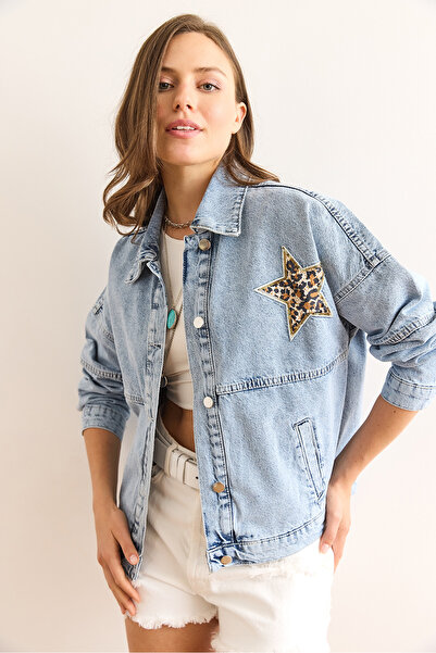 Olalook Jachetă de blugi din bumbac cu buzunar albastru pentru femei, față, spate, cu aplicație de stea leopard CKT-19000447