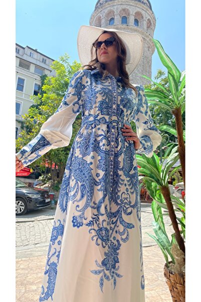 Jennyfer Women's Atlas Fabric Floral Print Detailed Belted Long Designer Dress