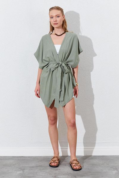 TENA Women's Khaki Low Sleeve Belted Kimono