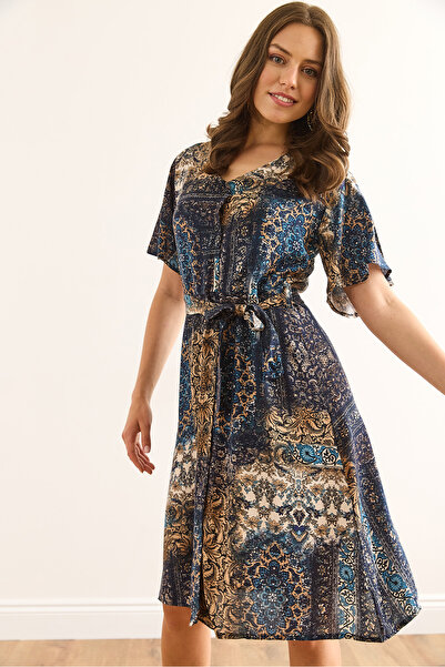 Olalook Жіноча сукня-сорочка з синім коміром V-подібним вирізом та поясом ELB-19002380