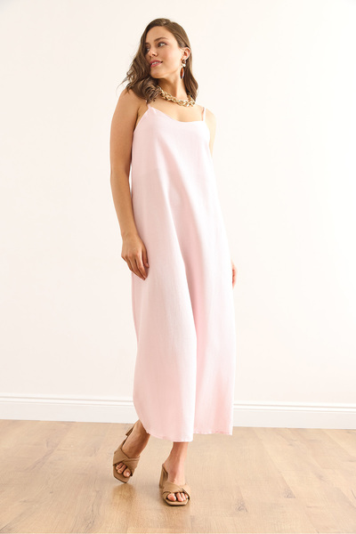 Olalook Women's Pink Strap Adjustable Roba Double Layer Linen Content Dress Elb-19002453