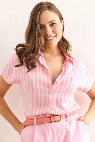Olalook Γυναικείο ριγέ ροζ ριγέ πουκάμισο βισκόζης GML-19001360