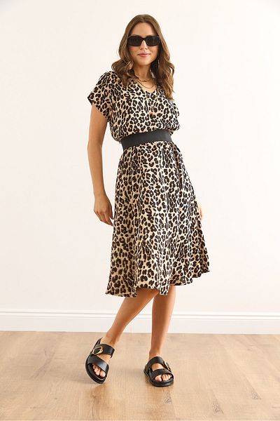 Olalook Γυναικείο φόρεμα Leopard Beige με λαιμόκοψη V με μοτίβο υφαντό βισκόζη Midi Bell ELB-19002443