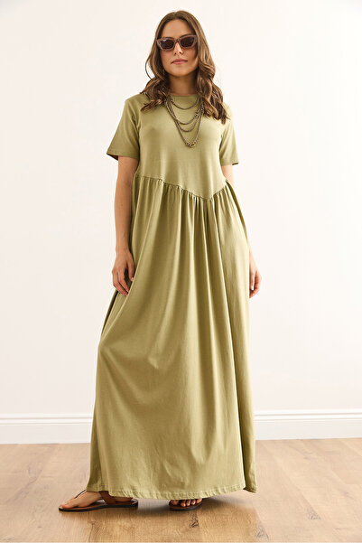 Olalook Women's Khaki Asymmetrical Stitching Front Long Bell Cotton Dress Elb-19002446