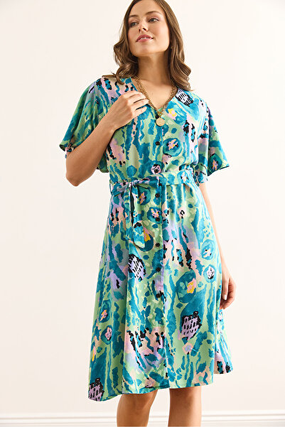 Olalook Γυναικείο Πράσινο Λιλά Μίνι Πουκάμισο με Ζώνη με λαιμόκοψη ELB-19002380