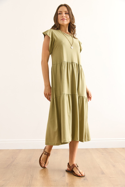 Olalook Kadın Haki Kolu Fırfırlı Parçalı Midi Pamuk Elbise ELB-19002445