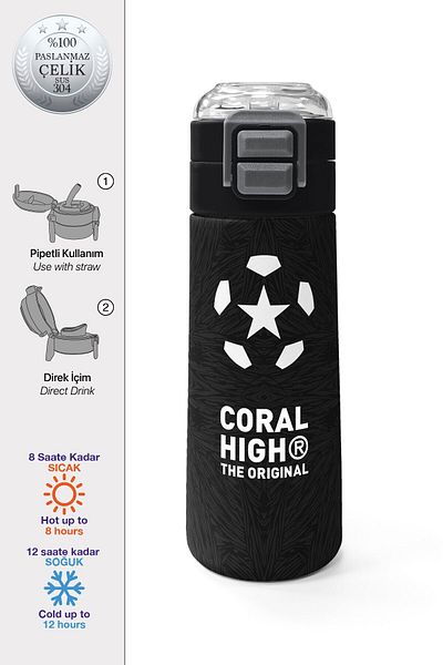 Coral High Kids Men's Patterned Straw and Direct Drinking Steel Thermos 500 ml