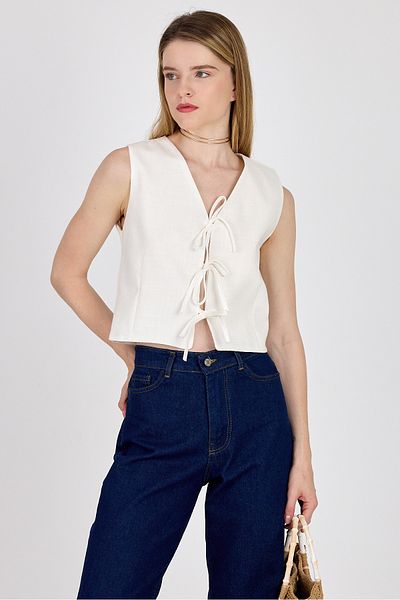 Rays White Linen Look 100% Cotton Tie Detail Vest 3853