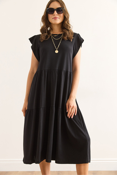 Olalook Kadın Siyah Kolu Fırfırlı Parçalı Midi Pamuk Elbise ELB-19002445