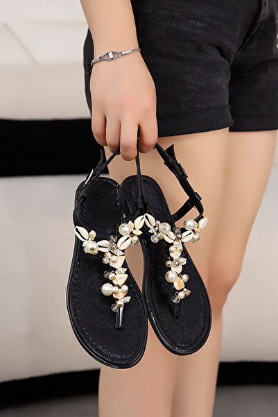 Mamito Ayakkabı Ys 005 Bead Detailed Low-Sole Flip Flop Sandals