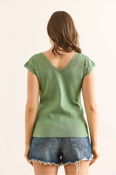 Olalook Γυναικεία πλεκτή μπλούζα Çağla Green μπροστά πίσω V διάτρητη BLZ-19002312