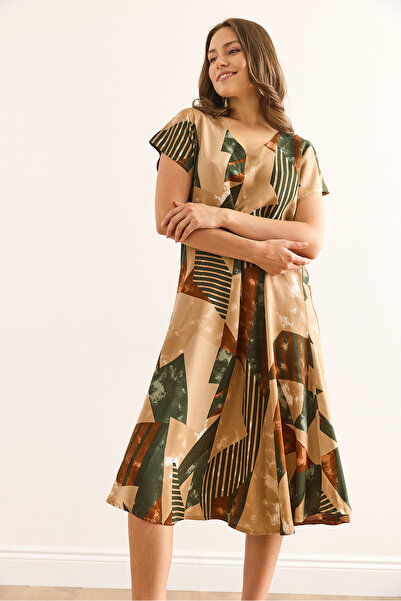 Olalook Kadın Geometrik Camel V Yaka Desenli Dokuma Viskon Midi Çan Elbise ELB-19002443