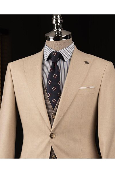 TerziAdemAltun Italian Style Combination Suit Jacket Vest Pant Beige T14037