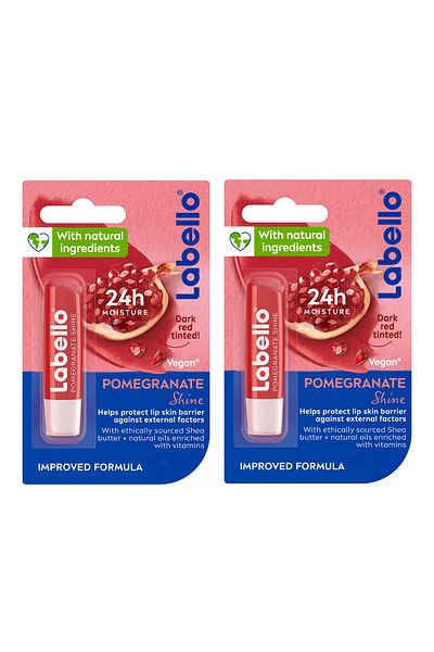 LABELLO Lip Balm, Pomegranate Shine 24H Moisture with Shea Butter, Vegan, 4.8g, Pack of 2