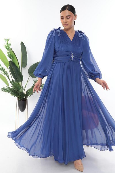 MİSS DİAMOND Blue Long Dress with Stone Embroidery and Flower Detail on the Shoulder