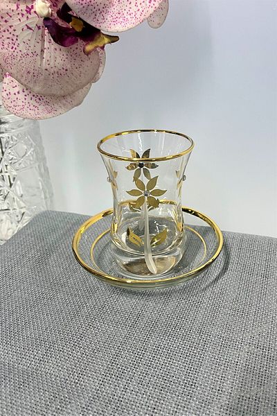 DECOSTYLE Pasabahce 62561 Thick Base Gold Patterned 12 Piece Tea Set 100 Cc
