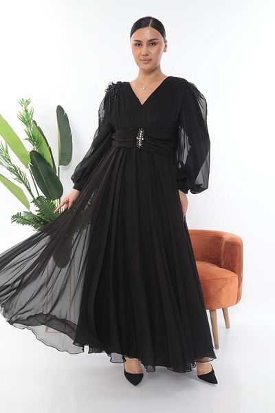 MİSS DİAMOND Black Long Dress with Stone Embroidery and Floral Detail on the Shoulder